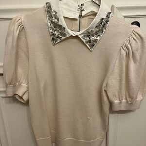 Alice + Olivia Cream Puff Sleeve Blouse with Silver Embellishments